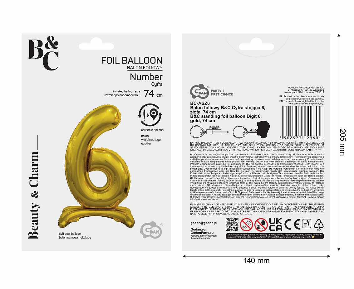 B&C standing foil balloon Digit 6, gold, 74 cm